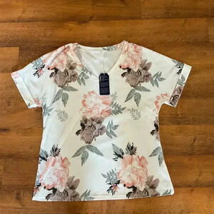 Sampeel V-Neck Floral Short Sleeve Womens Tee T-Shirt Size‎ Large NEW WITH TAG